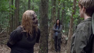 Samantha Morton as Alpha, Matt Lintz as Henry, Cassady McClincy as Lydia - The Walking Dead _ Season 9, Episode 12 - Photo Credit: Gene Page/AMC