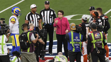 Billie Jean King comes out for the coin toss prior to the start of Super Bowl LVI. (Photo by Focus on Sport/Getty Images)