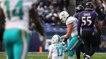 BALTIMORE, MD - DECEMBER 4: Quarterback Ryan Tannehill #17 of the Miami Dolphins sits on the field after a play against the Baltimore Ravens in the third quarter at M&T Bank Stadium on December 4, 2016 in Baltimore, Maryland. (Photo by Patrick Smith/Getty Images)
