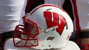 Sep 27, 2014; Madison, WI, USA; A Wisconsin Badgers helmet sits on a cooler during the game against the South Florida Bulls at Camp Randall Stadium. Wisconsin won 27-10. Mandatory Credit: Jeff Hanisch-USA TODAY Sports
