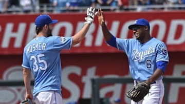 May 18, 2016; Kansas City, MO, USA; Kansas City Royals players Lorenzo Cain (6) and Eric Hosmer (35) celebrate after beating the Boston Red Sox at Kauffman Stadium. The Royals won 3-2. Mandatory Credit: Peter G. Aiken-USA TODAY Sports