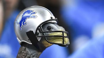 Nov 26, 2015; Detroit, MI, USA; A turkey wears a Detroit Lions helmet during the NFL game on Thanksgiving against the Philadelphia Eagles at Ford Field. Detroit won 45-14. Mandatory Credit: Tim Fuller-USA TODAY Sports