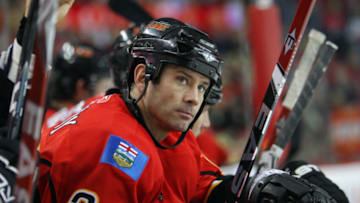 Jan 21, 2009; Calgary, AB, Canada; Calgary Flames center Craig Conroy (24) looks on against the Columbus Blue Jackets at the Pengrowth Saddledome. The Flames beat the Blue Jackets 5-4. Mandatory Credit: Tom Szczerbowski-USA TODAY Sports