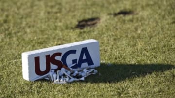 Jun 19, 2015; University Place, WA, USA; Tees are placed next to a tee box marker in the second round of the 2015 U.S. Open golf tournament at Chambers Bay. Mandatory Credit: Kyle Terada-USA TODAY Sports