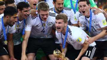 SAINT PETERSBURG, RUSSIA - JULY 02: Timo Werner of Germany lifts the FIFA Confederations Cup trophy after the FIFA Confederations Cup Russia 2017 Final between Chile and Germany at Saint Petersburg Stadium on July 2, 2017 in Saint Petersburg, Russia. (Photo by Buda Mendes/Getty Images)