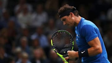 PARIS, FRANCE - NOVEMBER 01: Rafael Nadal of Spain celebrates a point against Chung Hyeon of South Korea during Day 3 of the Rolex Paris Masters held at the AccorHotels Arena on November 1, 2017 in Paris, France. (Photo by Dean Mouhtaropoulos/Getty Images)