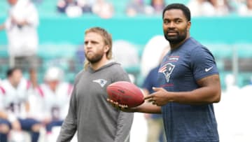 MIAMI GARDENS, FLORIDA - JANUARY 09: Inside Linebackers coach Jerod Mayo of the New England Patriots on the field during warm ups prior to the game against the Miami Dolphins at Hard Rock Stadium on January 09, 2022 in Miami Gardens, Florida. (Photo by Mark Brown/Getty Images)