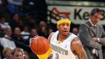 DENVER - OCTOBER 10: Allen Iverson #3 of the Denver Nuggets brings the ball up court against the Minnesota Timberwolves on October 10, 2008 at the Pepsi Center in Denver, Colorado. NOTE TO USER: User expressly acknowledges and agrees that, by downloading and/or using this Photograph, user is consenting to the terms and conditions of the Getty Images License Agreement. Mandatory Copyright Notice: Copyright 2008 NBAE (Photo by Garrett W. Ellwood/NBAE via Getty Images)