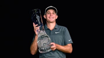 DALLAS, TX - MAY 20: Aaron Wise poses with the trophy after winning the AT&T Byron Nelson at Trinity Forest Golf Club on May 20, 2018 in Dallas, Texas. (Photo by Jared C. Tilton/Getty Images)