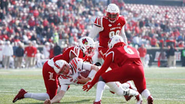 LOUISVILLE, KY - NOVEMBER 17: Ryan Finley #15 of the North Carolina State Wolfpack gets stopped short of the goal line in the second quarter of the game against the Louisville Cardinals at Cardinal Stadium on November 17, 2018 in Louisville, Kentucky. (Photo by Joe Robbins/Getty Images)
