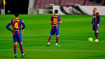 (L-R) Barcelona's Ronald Araujo, Miralem Pjanic and Martin Braithwaite. (Photo by Pau BARRENA / AFP) (Photo by PAU BARRENA/AFP via Getty Images)