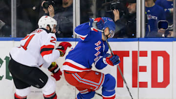 NEW YORK, NY - MARCH 09: New Jersey Devils Right Wing Kyle Palmieri (21) and New York Rangers Defenceman Libor Hajek (43) in action during the National Hockey League game between the New Jersey Devils and the New York Rangers on March 9, 2019 at Madison Square Garden in New York, NY. (Photo by Joshua Sarner/Icon Sportswire via Getty Images)