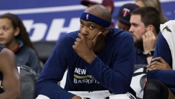 Apr 5, 2016; Philadelphia, PA, USA; New Orleans Pelicans forward Dante Cunningham (44) watches on from his bench during the fourth quarter against the Philadelphia 76ers at Wells Fargo Center. The Philadelphia 76ers won 107-93. Mandatory Credit: Bill Streicher-USA TODAY Sports