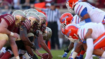 TALLAHASSEE, FL - NOVEMBER 29: The Florida State Seminoles line up against the Florida Gators during a game at Doak Campbell Stadium on November 29, 2014 in Tallahassee, Florida. (Photo by Mike Ehrmann/Getty Images)