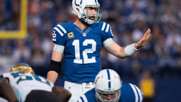 INDIANAPOLIS, IN - JANUARY 01: Indianapolis Colts quarterback Andrew Luck (12) signals a receiver during the NFL game between the Jacksonville Jaguars and Indianapolis Colts on January 1, 2017, at Lucas Oil Stadium in Indianapolis, IN. (Photo by Zach Bolinger/Icon Sportswire via Getty Images)