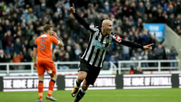 NEWCASTLE UPON TYNE, ENGLAND - JANUARY 06: Jonjo Shelvey of Newcastle United celebrates scoring his team's third goal during The Emirates FA Cup Third Round match between Newcastle United and Luton Town at St James' Park on January 6, 2018 in Newcastle upon Tyne, England. (Photo by Ian MacNicol/Getty Images)