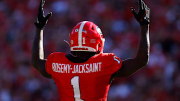 ATHENS, GA - OCTOBER 08: Marcus Rosemy-Jacksaint #1 of the Georgia Bulldogs reacts in the first half against the Auburn Tigers at Sanford Stadium on October 8, 2022 in Athens, Georgia. (Photo by Todd Kirkland/Getty Images)