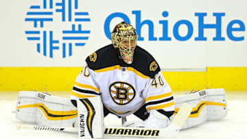 Oct 13, 2016; Columbus, OH, USA; Boston Bruins goalie Tuukka Rask (40) stretches during warmups prior to the game against the Columbus Blue Jackets at Nationwide Arena. Mandatory Credit: Aaron Doster-USA TODAY Sports