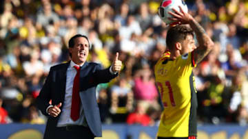 WATFORD, ENGLAND - SEPTEMBER 15: Unai Emery, Manager of Arsenal reacts as Kiko Femenia of Watford take a throw in during the Premier League match between Watford FC and Arsenal FC at Vicarage Road on September 15, 2019 in Watford, United Kingdom. (Photo by Julian Finney/Getty Images)