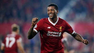 SEVILLE, SPAIN - NOVEMBER 21: Georginio Wijnaldum of Liverpool FC reacts during the UEFA Champions League group E match between Sevilla FC and Liverpool FC at Estadio Ramon Sanchez Pizjuan on November 21, 2017 in Seville, Spain. (Photo by Aitor Alcalde/Getty Images)