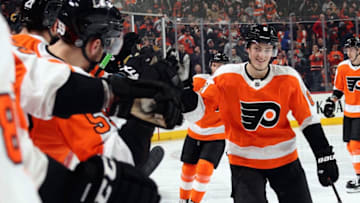 PHILADELPHIA, PA - JANUARY 13: Travis Sanheim #6 of the Philadelphia Flyers celebrates his second period goal against the Boston Bruins with his teammates on the bench on January 13, 2020 at the Wells Fargo Center in Philadelphia, Pennsylvania. (Photo by Len Redkoles/NHLI via Getty Images)