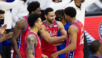 Joel Embiid, Ben Simmons, Danny Green, Tobias Harris, Sixers Mandatory Credit: Bill Streicher-USA TODAY Sports