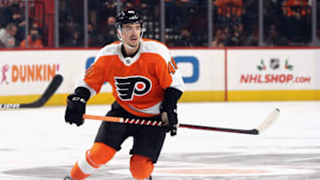 PHILADELPHIA, PENNSYLVANIA - DECEMBER 06: Morgan Frost #48 of the Philadelphia Flyers skates against the Colorado Avalanche at the Wells Fargo Center on December 06, 2021 in Philadelphia, Pennsylvania. (Photo by Bruce Bennett/Getty Images)