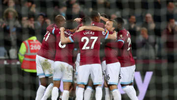 LONDON, ENGLAND - DECEMBER 04: Michail Antonio of West Ham United celebrates with teammates after scoring his team's third goal during the Premier League match between West Ham United and Cardiff City at London Stadium on December 4, 2018 in London, United Kingdom. (Photo by Dan Istitene/Getty Images)