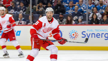 WINNIPEG, MB - JANUARY 11: Niklas Kronwall #55 of the Detroit Red Wings keeps an eye on the play during third period action against the Winnipeg Jets at the Bell MTS Place on January 11, 2019 in Winnipeg, Manitoba, Canada. The Jets defeated the Wings 4-2. (Photo by Jonathan Kozub/NHLI via Getty Images)