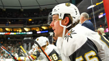 ST. PAUL, MN - OCTOBER 06: Vegas Golden Knights left wing Erik Haula (56) looks on during the regular season game between the Vegas Golden Knights and the Minnesota Wild on October 6, 2018 at Xcel Energy Center in St. Paul, Minnesota. The Golden Knights defeated the Wild 2-1 in the shootout. (Photo by David Berding/Icon Sportswire via Getty Images)