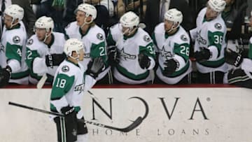 TUCSON, AZ - MAY 04: Texas Stars center Sheldon Dries (18) celebrates a Texas Stars goal during a hockey game between the Texas Stars and Tuscon Roadrunners on May 04, 2018, at Tucson Convention Center in Tucson, AZ. (Photo by Jacob Snow/Icon Sportswire via Getty Images)