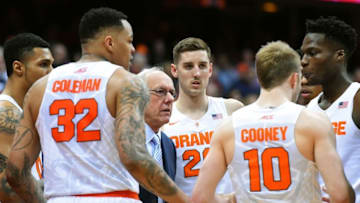 Jan 28, 2016; Syracuse, NY, USA; Syracuse Orange head coach Jim Boeheim (C) talks with his team during a timeout against the Notre Dame Fighting Irish during the first half at the Carrier Dome. Syracuse defeated Notre Dame 81-66. Mandatory Credit: Rich Barnes-USA TODAY Sports
