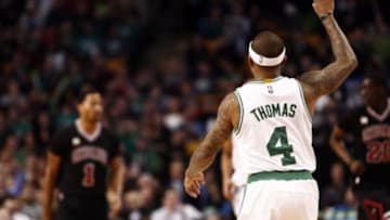 Jan 22, 2016; Boston, MA, USA; Boston Celtics guard Isaiah Thomas (4) celebrates against the Chicago Bulls during the second half at TD Garden. Mandatory Credit: Mark L. Baer-USA TODAY Sports