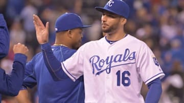 May 17, 2016; Kansas City, MO, USA; Kansas City Royals right fielder Paulo Orlando (16) is congratulated by teammates after the win over the Boston Red Sox at Kauffman Stadium. The Royals won 8-4. Mandatory Credit: Denny Medley-USA TODAY Sports