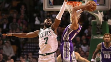 BOSTON - NOVEMBER 1: Boston Celtics guard Jaylen Brown (7) goes up for the block on Sacramento Kings guard Garrett Temple (17) during the second quarter. The Boston Celtics host the Sacramento Kings in a regular season NBA basketball game at TD Garden in Boston on Nov. 1, 2017. (Photo by Barry Chin/The Boston Globe via Getty Images)