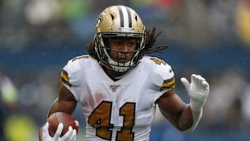 SEATTLE, WA - SEPTEMBER 22: Running back Alvin Kamara #41 of the New Orleans Saints rushes for a touchdown in the second quarter against the Seattle Seahawks at CenturyLink Field on September 22, 2019 in Seattle, Washington. (Photo by Otto Greule Jr/Getty Images)