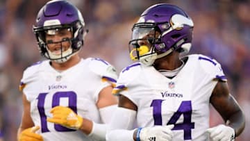 LOS ANGELES, CA - SEPTEMBER 27: Stefon Diggs #14 and Adam Thielen #19 of the Minnesota Vikings come to the line of scrimmage against the Los Angeles Rams at Los Angeles Memorial Coliseum on September 27, 2018 in Los Angeles, California. (Photo by Harry How/Getty Images)