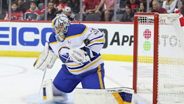 Oct 27, 2023; Newark, New Jersey, USA; Buffalo Sabres goaltender Eric Comrie (31) makes a save during the first period against the New Jersey Devils at Prudential Center. Mandatory Credit: Vincent Carchietta-USA TODAY Sports