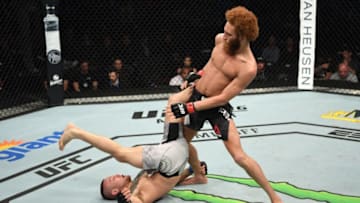 NASHVILLE, TENNESSEE - MARCH 23: (R-L) Luis Pena fights Steven Peterson in their featherweight bout during the UFC Fight Night event at Bridgestone Arena on March 23, 2019 in Nashville, Tennessee. (Photo by Jeff Bottari/Zuffa LLC/Zuffa LLC via Getty Images)