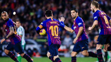 10 Leo Messi from Argentina of FC Barcelona returns to play after the recovery of his arm injury celebrating his goal during the Spanish league football match between FC Barcelona and Real Betis at the Camp Nou stadium in Barcelona on November 11, 2018. (Photo by Xavier Bonilla/NurPhoto via Getty Images)