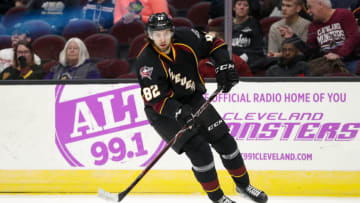 CLEVELAND, OH - MARCH 25: Cleveland Monsters center Kevin Stenlund (82) collects the puck during the first period of the American Hockey League game between the San Diego Gulls and Cleveland Monsters on March 25, 2018, at Quicken Loans Arena in Cleveland, OH. San Diego defeated Cleveland 2-1. (Photo by Frank Jansky/Icon Sportswire via Getty Images)