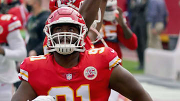 Nov 8, 2020; Kansas City, Missouri, USA; Kansas City Chiefs defensive tackle Derrick Nnadi (91) enters the field during warm ups before the game against the Carolina Panthers at Arrowhead Stadium. Mandatory Credit: Denny Medley-USA TODAY Sports