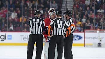 MONTREAL, QC - JANUARY 5: Carey Price #31 of the Montreal Canadiens talks with referees during the NHL game against the Nashville Predators at the Bell Centre on January 5, 2019 in Montreal, Quebec, Canada. (Photo by Francois Lacasse/NHLI via Getty Images)