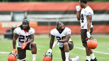 Jun 4, 2019; Berea, OH, USA; Cleveland Browns running backs Kareem Hunt (27) and Duke Johnson (29) and Nick Chubb (24) talk during minicamp at the Cleveland Browns training facility. Mandatory Credit: Ken Blaze-USA TODAY Sports