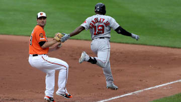 BALTIMORE, MARYLAND - JUNE 15: Jackie Bradley Jr. #19 of the Boston Red Sox runs out the throw as Richard Bleier #48 of the Baltimore Orioles covers the bag at Oriole Park at Camden Yards on June 15, 2019 in Baltimore, Maryland. (Photo by Rob Carr/Getty Images)