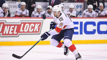 PITTSBURGH, PA - MARCH 05: Florida Panthers Center Riley Sheahan (15) skates with the puck during the first period in the NHL game between the Pittsburgh Penguins and the Florida Panthers on March 5, 2019, at PPG Paints Arena in Pittsburgh, PA. (Photo by Jeanine Leech/Icon Sportswire via Getty Images)