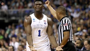 WASHINGTON, DC - MARCH 31: Zion Williamson #1 of the Duke Blue Devils reacts after being called for a foul in the East Regional game of the 2019 NCAA Men's Basketball Tournament at Capital One Arena on March 31, 2019 in Washington, DC. (Photo by Patrick Smith/Getty Images)