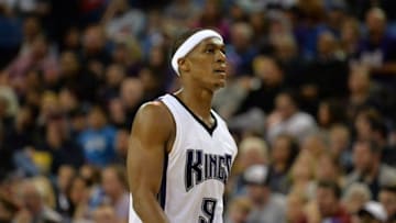 Mar 13, 2016; Sacramento, CA, USA; Sacramento Kings guard Rajon Rondo (9) reacts during an NBA game against the Utah Jazz at Sleep Train Arena. The Jazz defeated the Kings 108-99. Mandatory Credit: Kirby Lee-USA TODAY Sports