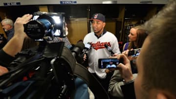 Jan 5, 2017; Cleveland, OH, USA; Newly acquired Cleveland Indians player Edwin Encarnacion speaks to the media during a press conference at Progressive Field. Mandatory Credit: Ken Blaze-USA TODAY Sports