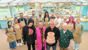 Group Photo of Bakers, Presenters and Judges (L to R (back) Maisam, Syabira, Abdul, William, James, Sandro, Maxy, Kevin, Janusz, Dawn, Carole, Rebs (front) Noel Fielding, Prue Leith, Paul Hollywood, Matt Lucas)